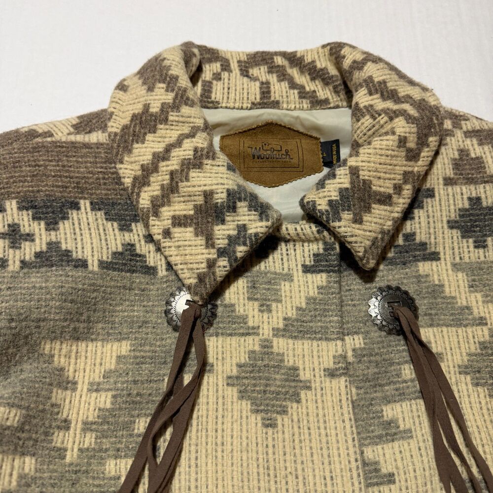 Woolrich, VTG 90s Western Print Fringe Wool Duster Jacker, L Cowboy Americana - Picture 9 of 11